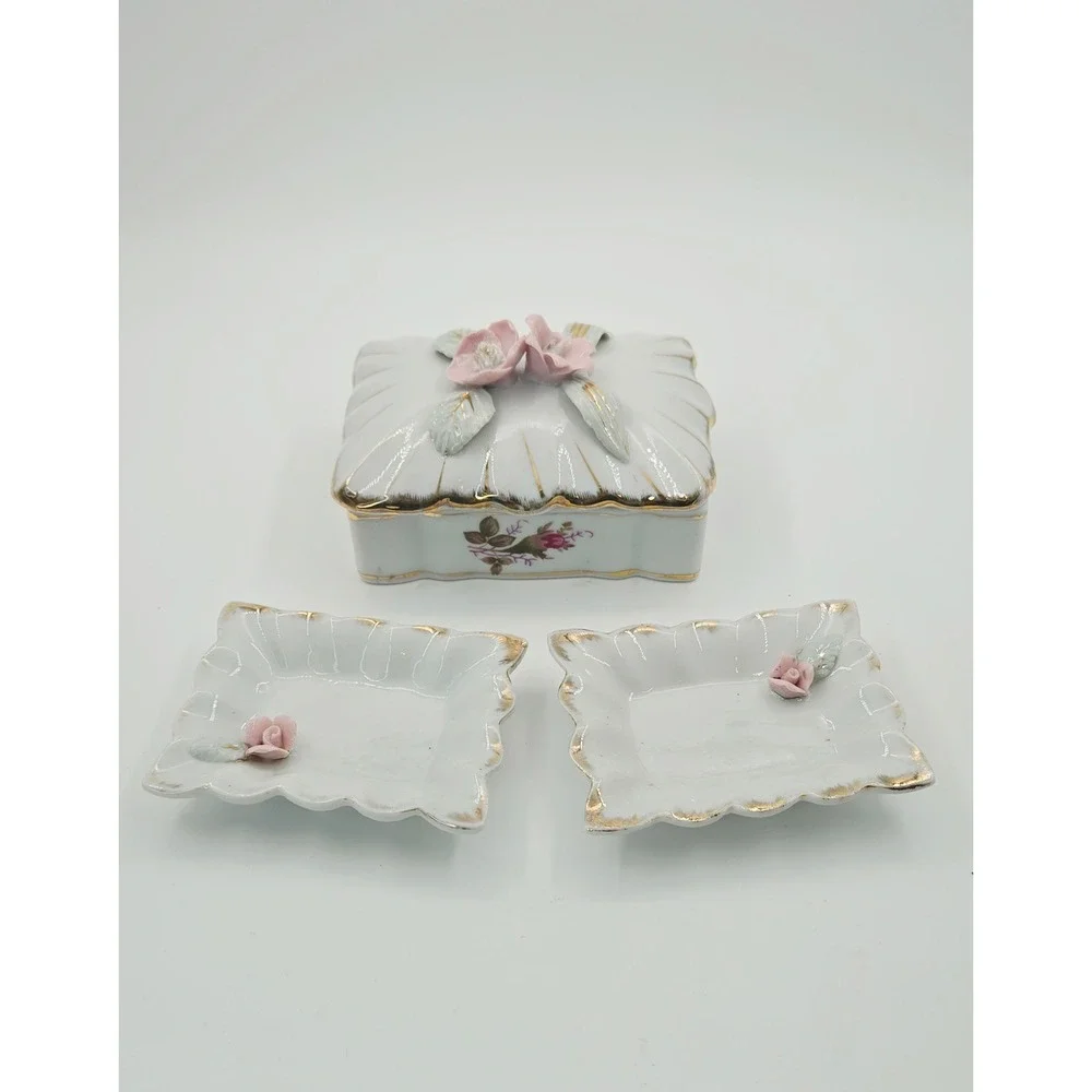 Vintage Royal Sealy Japan Porcelain Trinket Box and Ring Dish 3 pc Set Rose Gold